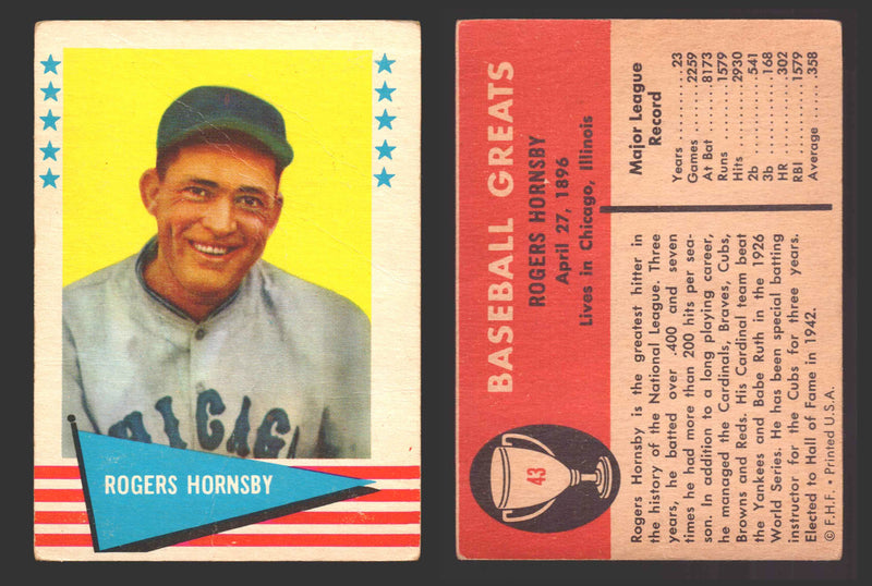 1961 Fleer Baseball Greats Trading Card You Pick Singles #1-#154 VG/EX 43 Rogers Hornsby (creased)  - TvMovieCards.com