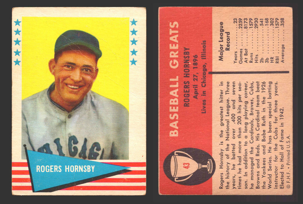 1961 Fleer Baseball Greats Trading Card You Pick Singles #1-#154 VG/EX 43 Rogers Hornsby (creased)  - TvMovieCards.com