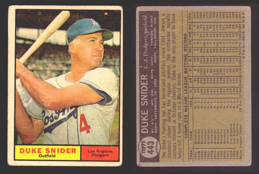 1961 Topps Baseball Trading Card You Pick Singles #400-#499 VG/EX #	443 Duke Snider - Los Angeles Dodgers  - TvMovieCards.com