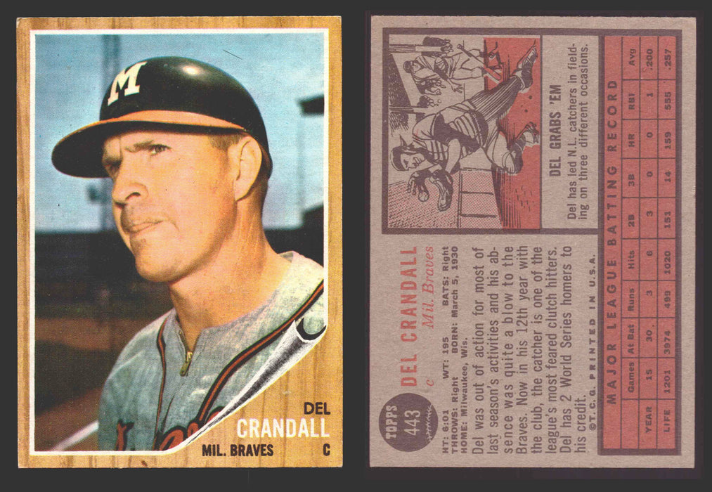 1962 Topps Baseball Trading Card You Pick Singles #400-#499 VG/EX #	443 Del Crandall - Milwaukee Braves  - TvMovieCards.com