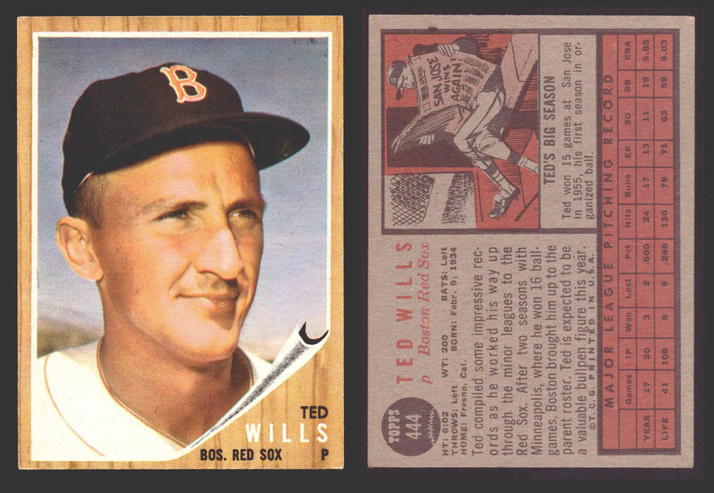 1962 Topps Baseball Trading Card You Pick Singles #400-#499 VG/EX #	444 Ted Wills - Boston Red Sox  - TvMovieCards.com