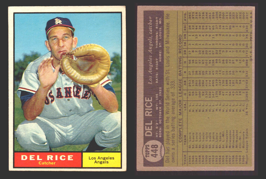 1961 Topps Baseball Trading Card You Pick Singles #400-#499 VG/EX #	448 Del Rice - Los Angeles Angels  - TvMovieCards.com