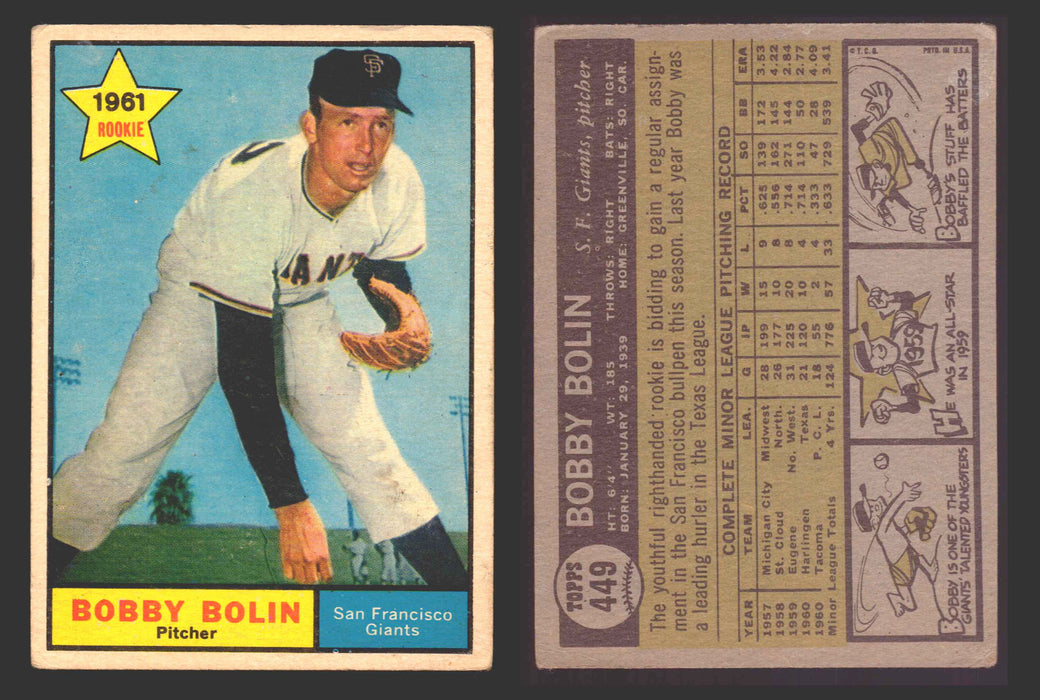 1961 Topps Baseball Trading Card You Pick Singles #400-#499 VG/EX #	449 Bobby Bolin - San Francisco Giants RC  - TvMovieCards.com