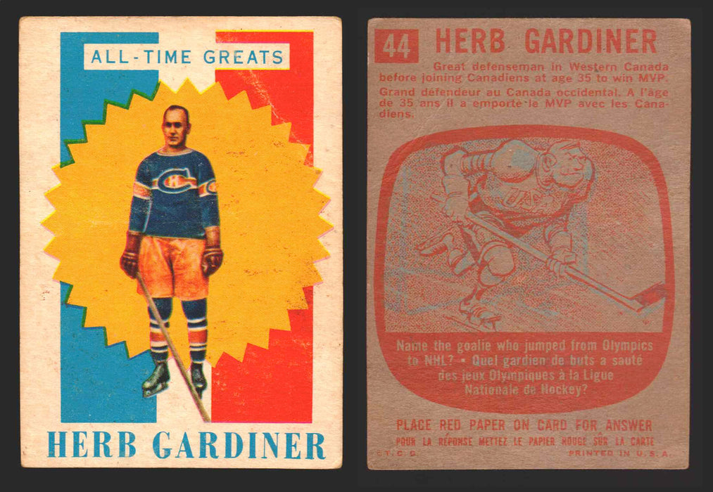 1960-61 Topps Hockey NHL Trading Card You Pick Single Cards #1 - 66 EX/NM 44 Herb Gardiner All-Time Greats  - TvMovieCards.com