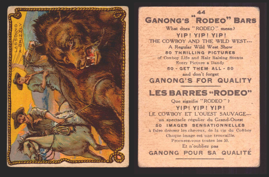 1930 Ganong "Rodeo" Bars V155 Cowboy Series #1-50 Trading Cards Singles #44 Lassoing A Grizzly  - TvMovieCards.com