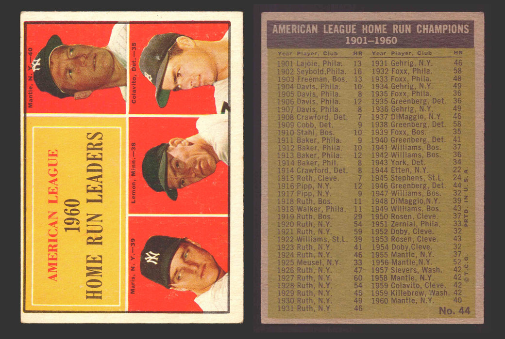 1961 Topps Baseball Trading Card You Pick Singles #1-#99 VG/EX #	44 AL 1960 Home Run Leaders - Mickey Mantle / Roger Maris / Jim Lemon / Rocky Colavito  - TvMovieCards.com