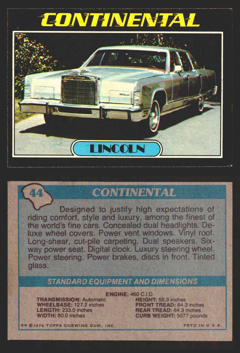 1976 Autos of 1977 Vintage Trading Cards You Pick Singles #1-99 Topps 44   Lincoln Continental  - TvMovieCards.com