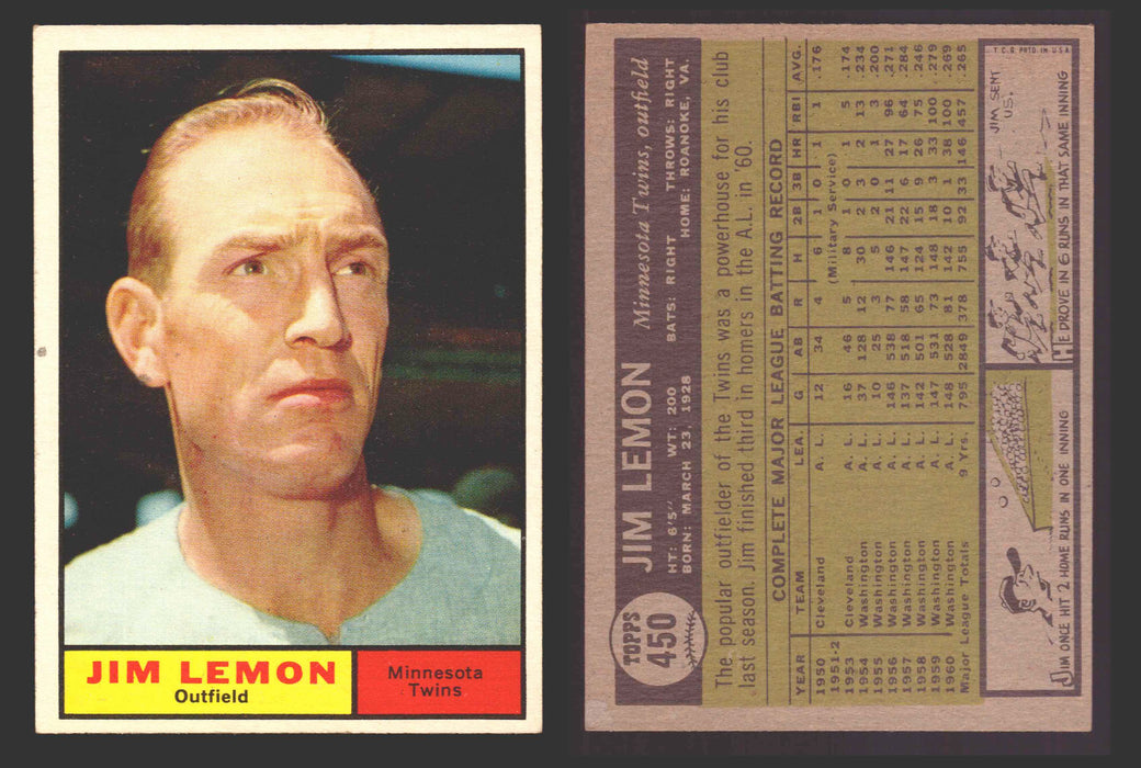 1961 Topps Baseball Trading Card You Pick Singles #400-#499 VG/EX #	450 Jim Lemon - Minnesota Twins  - TvMovieCards.com