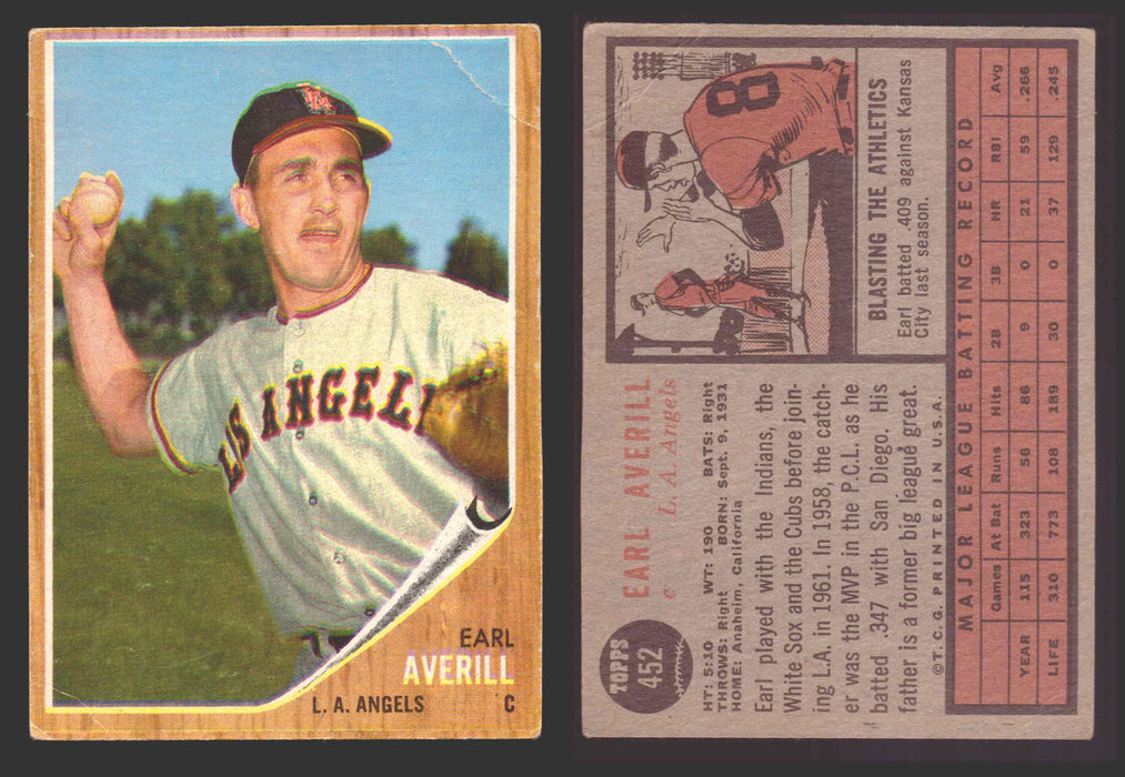 1962 Topps Baseball Trading Card You Pick Singles #400-#499 VG/EX #	452 Earl Averill Jr - Los Angeles Angels (creased)  - TvMovieCards.com