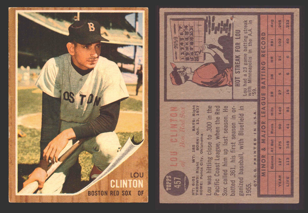 1962 Topps Baseball Trading Card You Pick Singles #400-#499 VG/EX #	457 Lou Clinton - Boston Red Sox (damaged)  - TvMovieCards.com