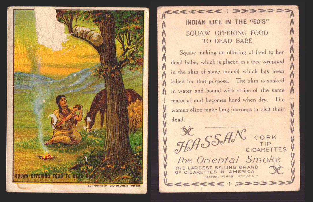 1910 T73 Hassan Cigarettes Indian Life In The 60's Tobacco Trading Cards Singles #45 Squaw Offering Food to Dead Babe  - TvMovieCards.com