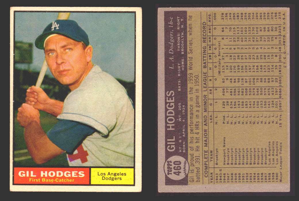 1961 Topps Baseball Trading Card You Pick Singles #400-#499 VG/EX #	460 Gil Hodges - Los Angeles Dodgers  - TvMovieCards.com
