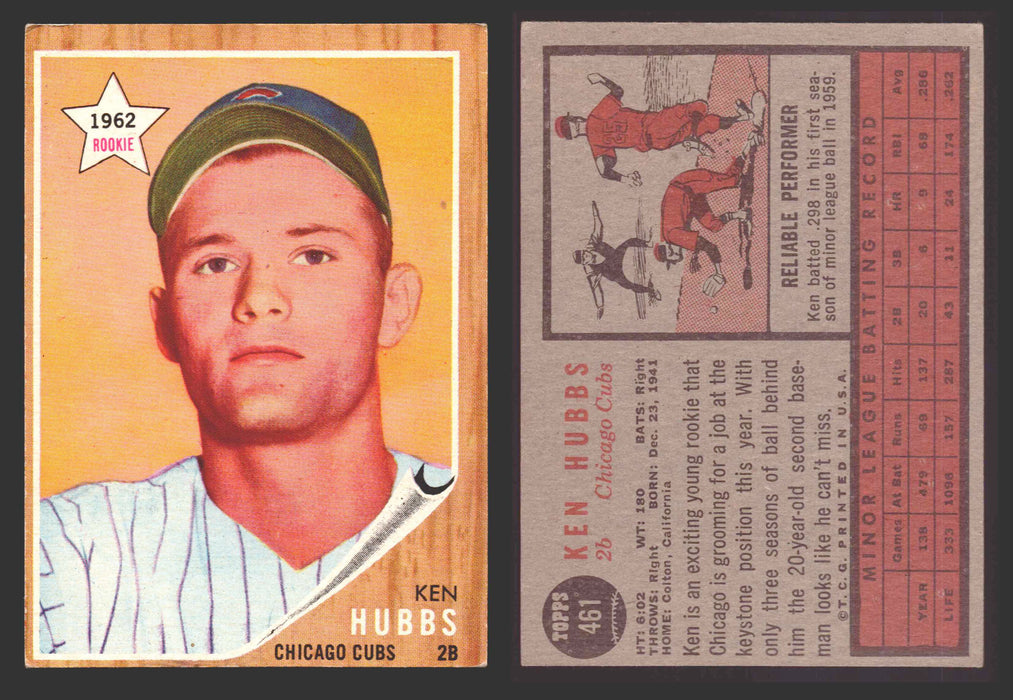 1962 Topps Baseball Trading Card You Pick Singles #400-#499 VG/EX #	461 Ken Hubbs - Chicago Cubs  - TvMovieCards.com