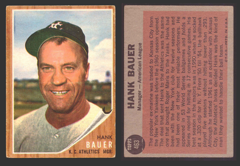 1962 Topps Baseball Trading Card You Pick Singles #400-#499 VG/EX #	463 Hank Bauer - Kansas City Athletics  - TvMovieCards.com