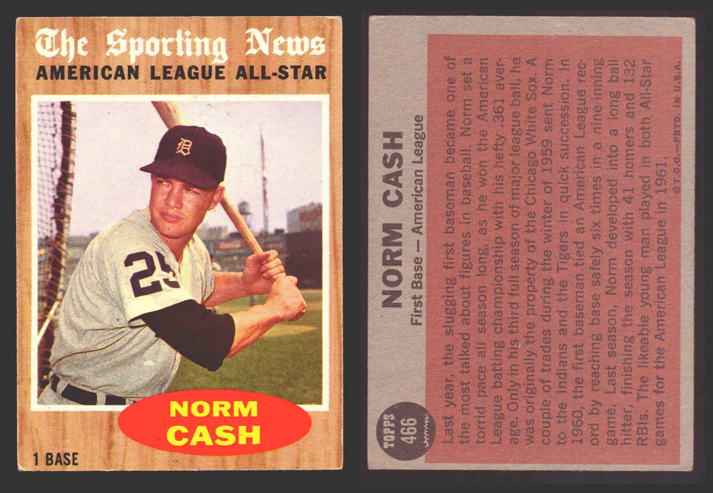 1962 Topps Baseball Trading Card You Pick Singles #400-#499 VG/EX #	466 Norm Cash - Detroit Tigers AS  - TvMovieCards.com