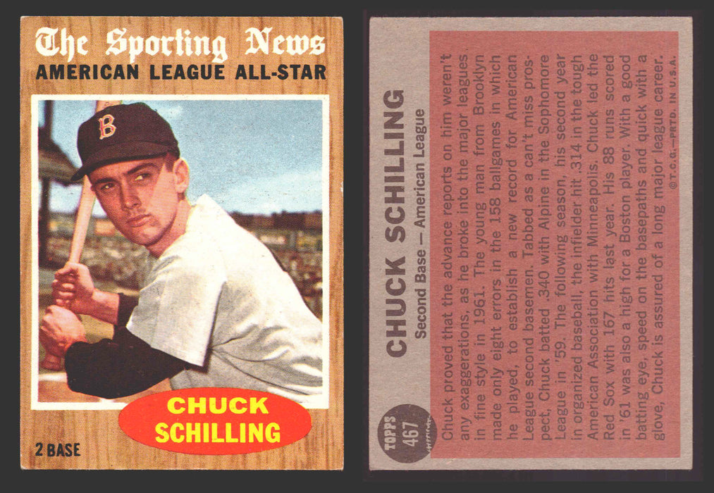 1962 Topps Baseball Trading Card You Pick Singles #400-#499 VG/EX #	467 Chuck Schilling - Boston Red Sox AS  - TvMovieCards.com