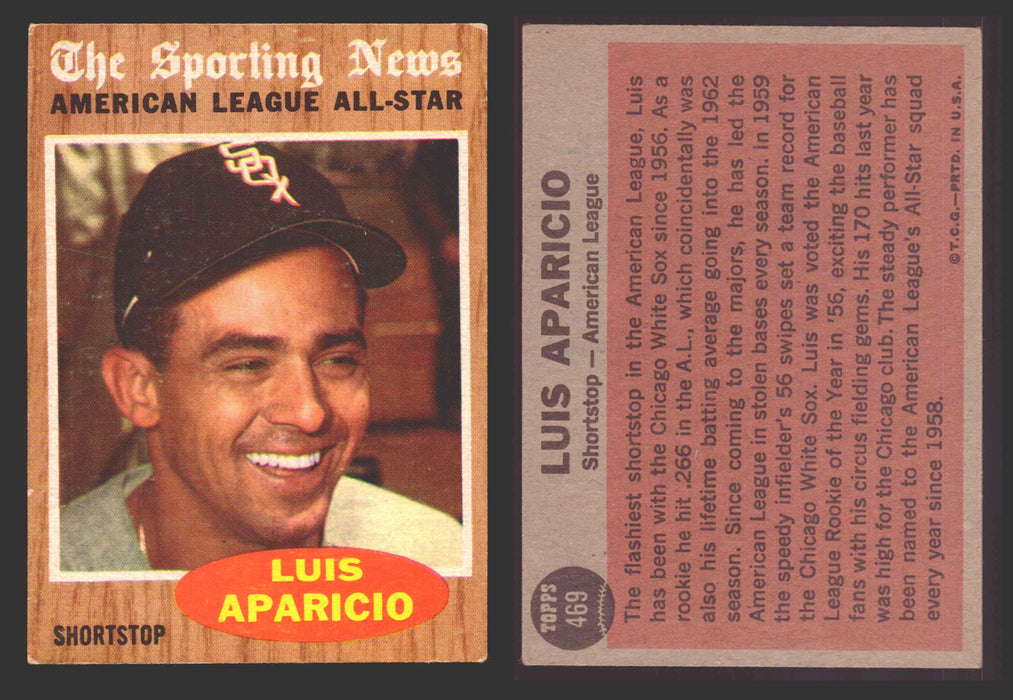 1962 Topps Baseball Trading Card You Pick Singles #400-#499 VG/EX #	469 Luis Aparicio - Chicago White Sox AS  - TvMovieCards.com