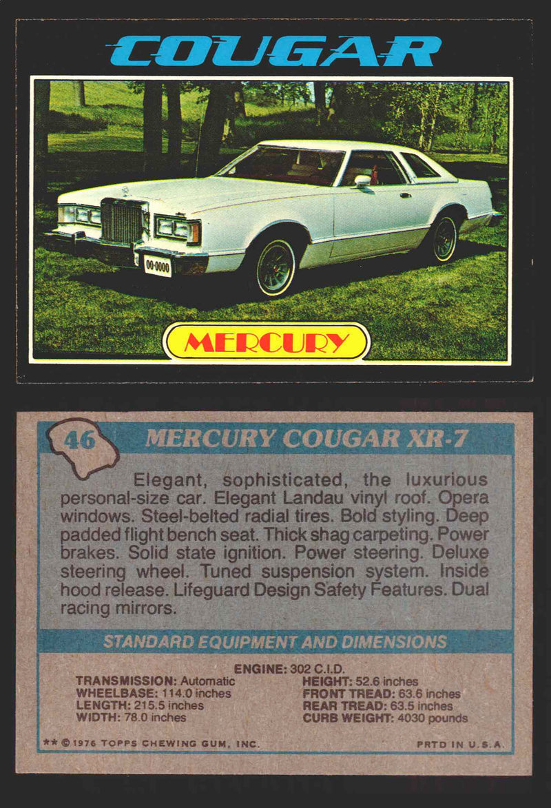 1976 Autos of 1977 Vintage Trading Cards You Pick Singles #1-99 Topps 46   Mercury Cougar XR-7  - TvMovieCards.com