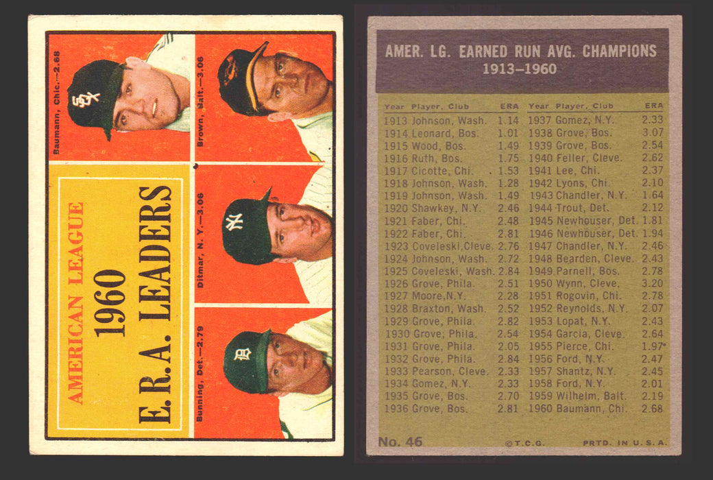 1961 Topps Baseball Trading Card You Pick Singles #1-#99 VG/EX #	46 AL 1960 E.R.A. Leaders - Frank Baumann / Jim Bunning / Art Ditmar / Hal Brown  - TvMovieCards.com