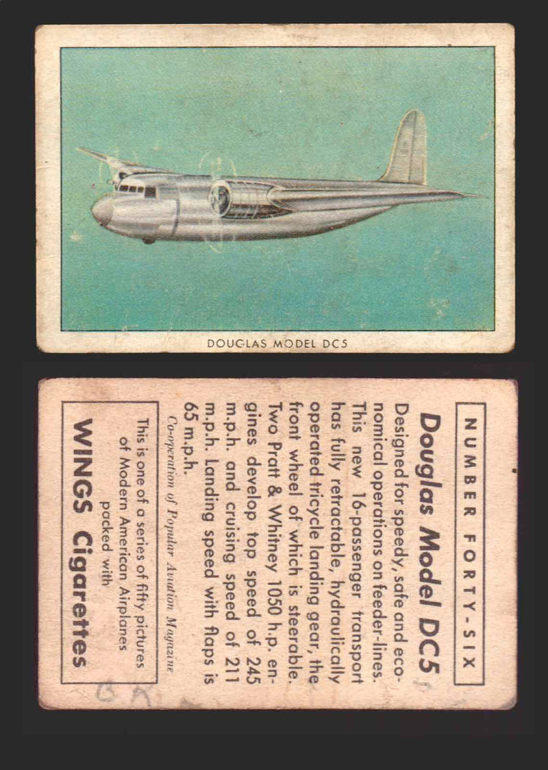 1940 Wings Cigarettes Modern Airplanes Series A B C You Pick Single Trading Card #46 Douglas Model DC5 - TvMovieCards.com