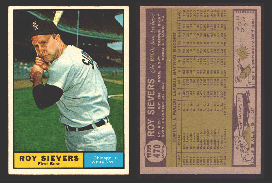 1961 Topps Baseball Trading Card You Pick Singles #400-#499 VG/EX #	470 Roy Sievers - Chicago White Sox  - TvMovieCards.com