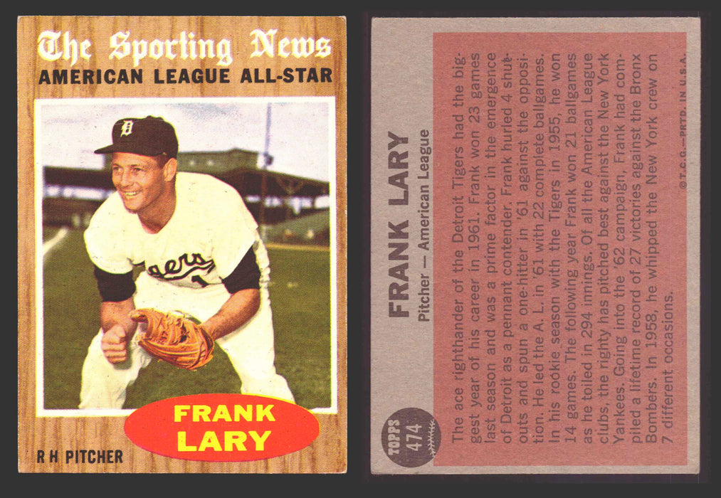 1962 Topps Baseball Trading Card You Pick Singles #400-#499 VG/EX #	474 Frank Lary - Detroit Tigers AS  - TvMovieCards.com