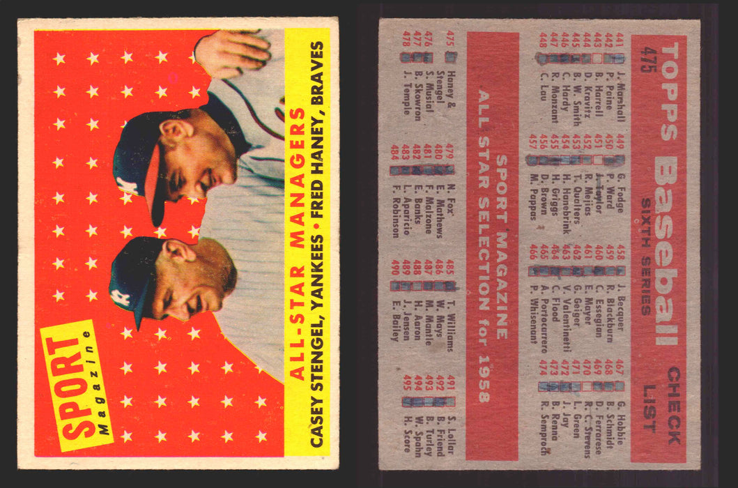 1958 Topps Baseball Trading Card You Pick Single Cards #1 - 495 EX/NM #	475	Casey Stengel / Fred Haney  - TvMovieCards.com