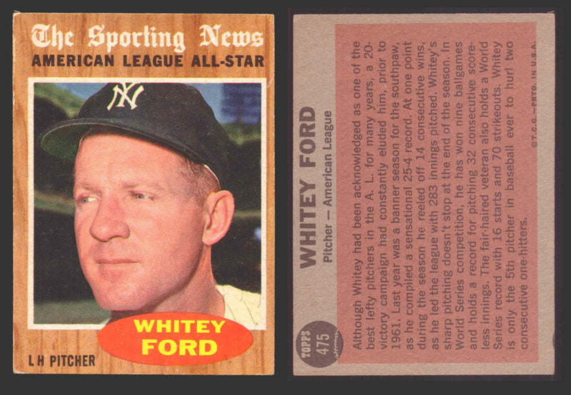 1962 Topps Baseball Trading Card You Pick Singles #400-#499 VG/EX #	475 Whitey Ford - New York Yankees AS  - TvMovieCards.com