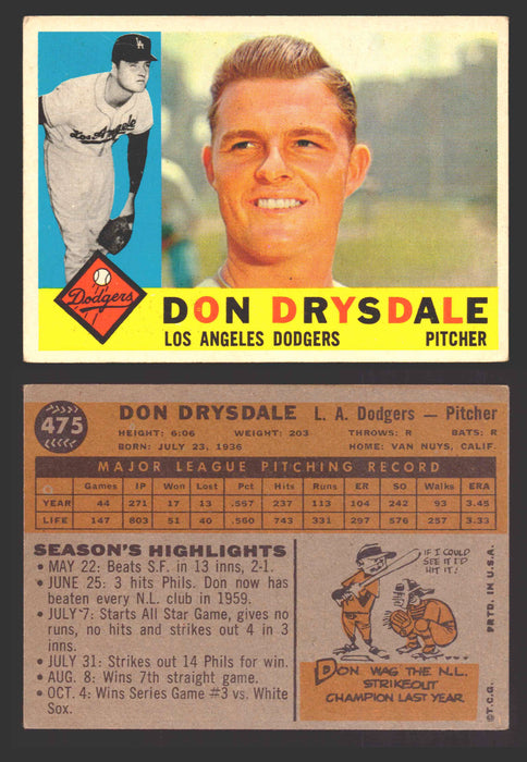 1960 Topps Baseball Trading Card You Pick Singles #250-#572 VG/EX 475 - Don Drysdale  - TvMovieCards.com