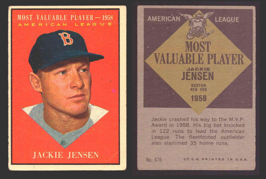 1961 Topps Baseball Trading Card You Pick Singles #400-#499 VG/EX #	476 Jackie Jensen - Boston Red Sox MVP (creased)  - TvMovieCards.com