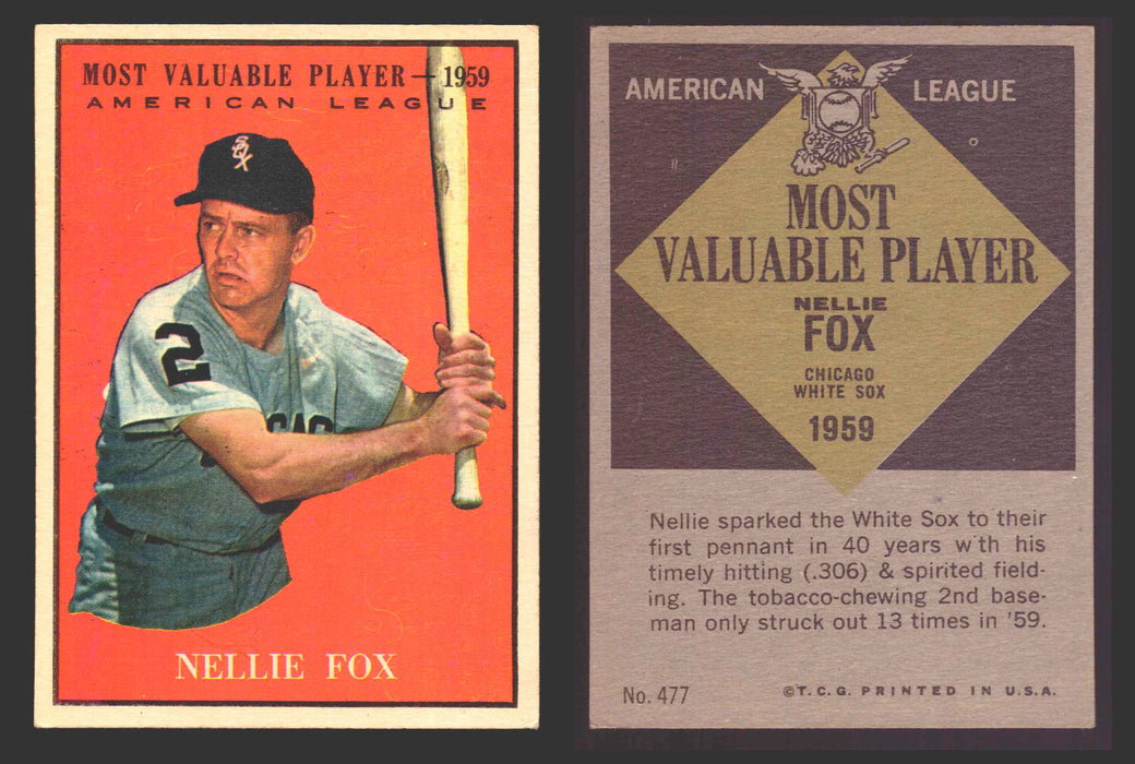 1961 Topps Baseball Trading Card You Pick Singles #400-#499 VG/EX #	477 Nellie Fox - Chicago White Sox MVP  - TvMovieCards.com
