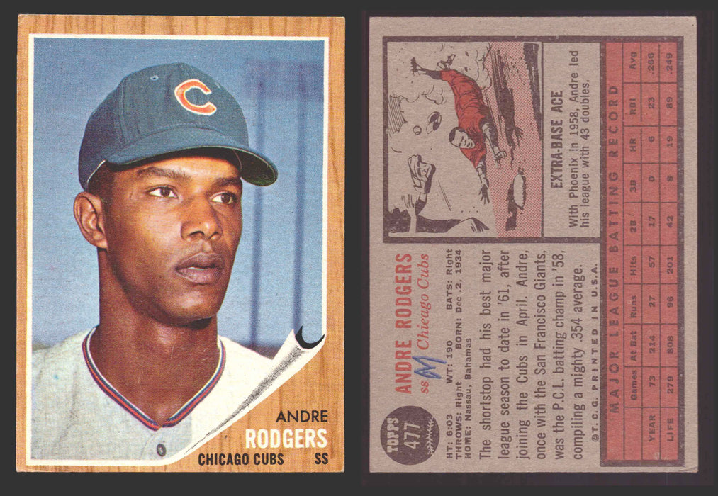 1962 Topps Baseball Trading Card You Pick Singles #400-#499 VG/EX #	477 Andre Rodgers - Chicago Cubs (marked)  - TvMovieCards.com