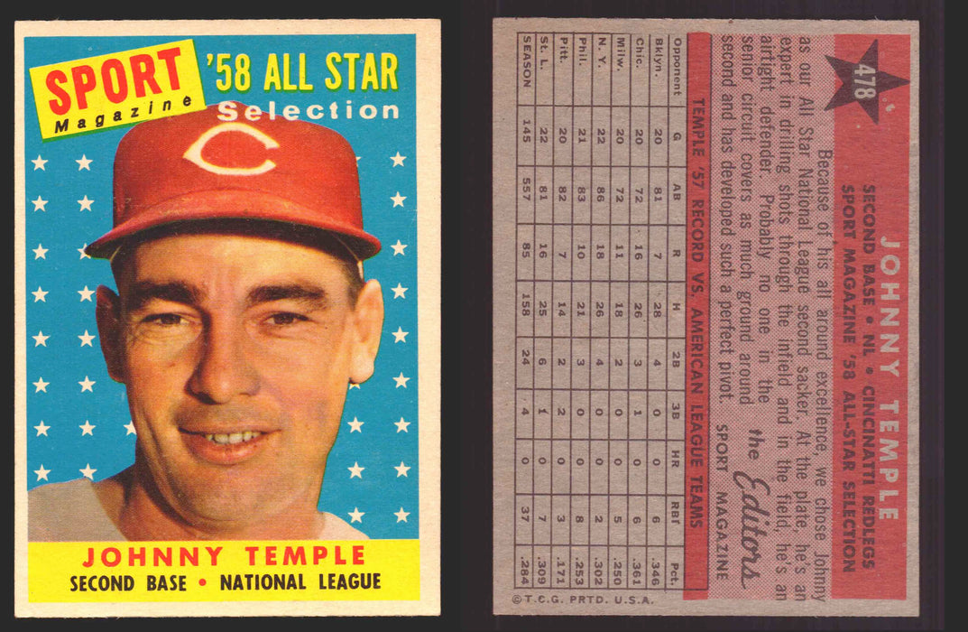 1958 Topps Baseball Trading Card You Pick Single Cards #1 - 495 EX/NM #	478	Johnny Temple  - TvMovieCards.com
