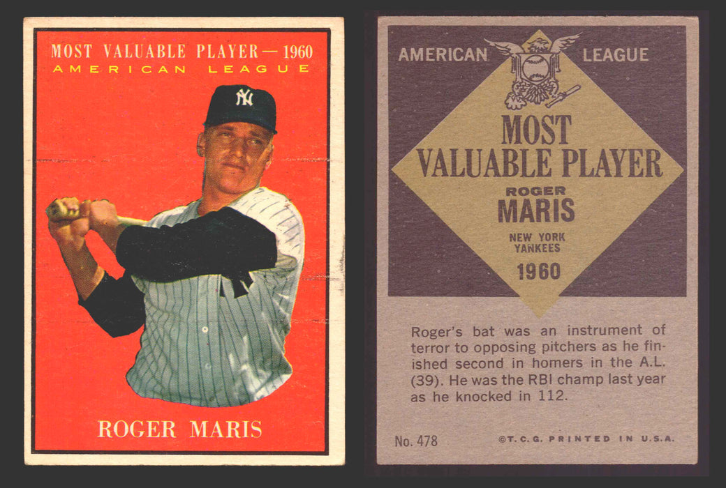 1961 Topps Baseball Trading Card You Pick Singles #400-#499 VG/EX #	478 Roger Maris - New York Yankees MVP  - TvMovieCards.com