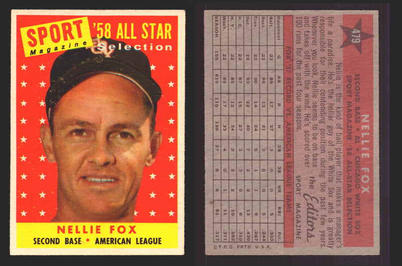 1958 Topps Baseball Trading Card You Pick Single Cards #1 - 495 EX/NM #	479	Nellie Fox  - TvMovieCards.com