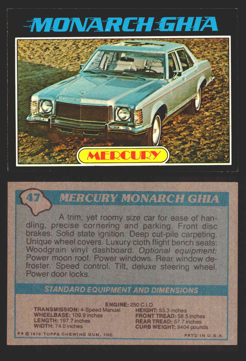 1976 Autos of 1977 Vintage Trading Cards You Pick Singles #1-99 Topps 47   Mercury Monarcg Ghia  - TvMovieCards.com
