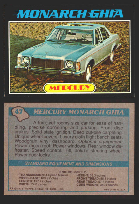 1976 Autos of 1977 Vintage Trading Cards You Pick Singles #1-99 Topps 47   Mercury Monarcg Ghia  - TvMovieCards.com