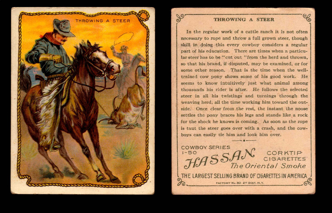 1909 T53 Hassan Cigarettes Cowboy Series #1-50 Trading Cards Singles #47 Throwing A Steer  - TvMovieCards.com