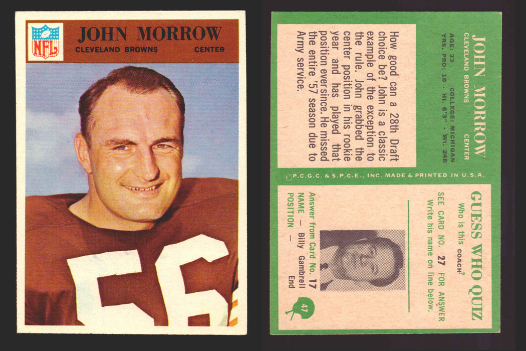 1966 Philadelphia Football NFL Trading Card You Pick Singles #1-#99 VG/EX 47 John Morrow - Cleveland Browns  - TvMovieCards.com