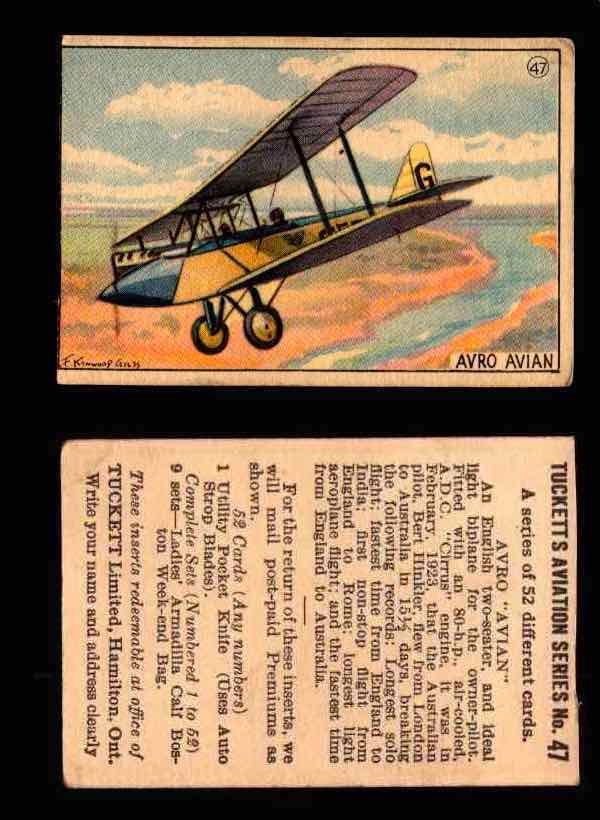 1929 Tucketts Aviation Series 1 Vintage Trading Cards You Pick Singles #1-52 #47 Avro Avian  - TvMovieCards.com