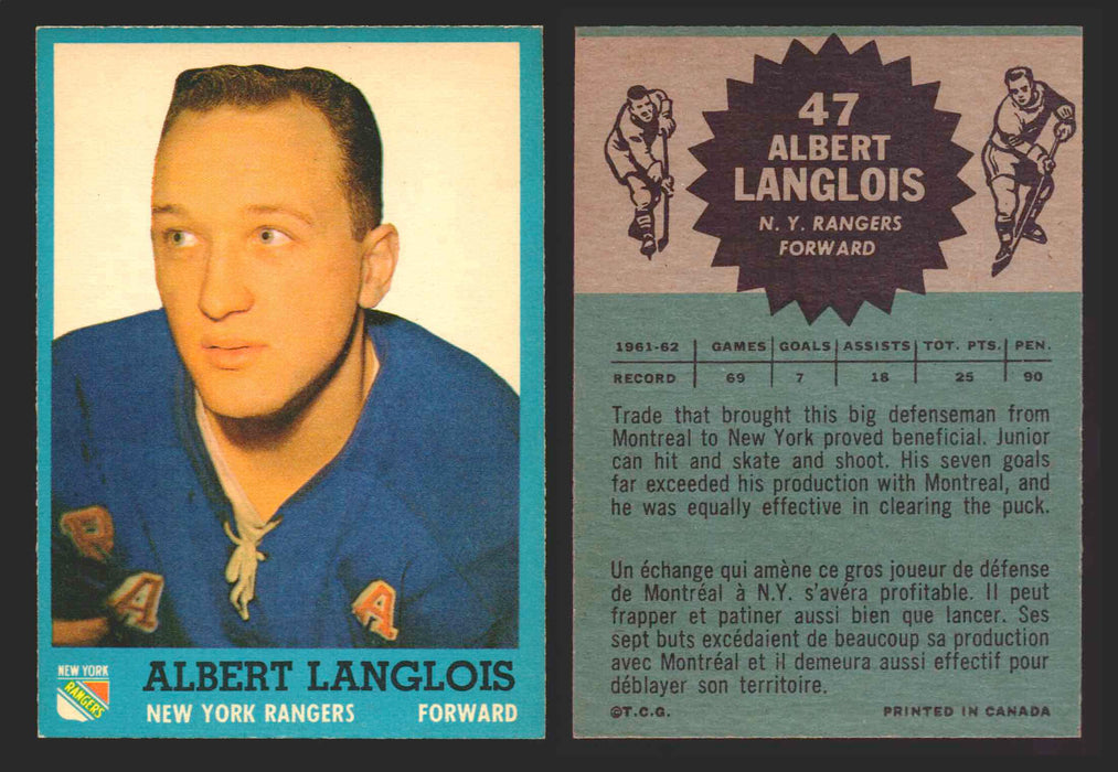 1962-63 Topps Hockey NHL Trading Card You Pick Single Cards #1 - 66 EX/NM #	47 Albert Langlois  - TvMovieCards.com