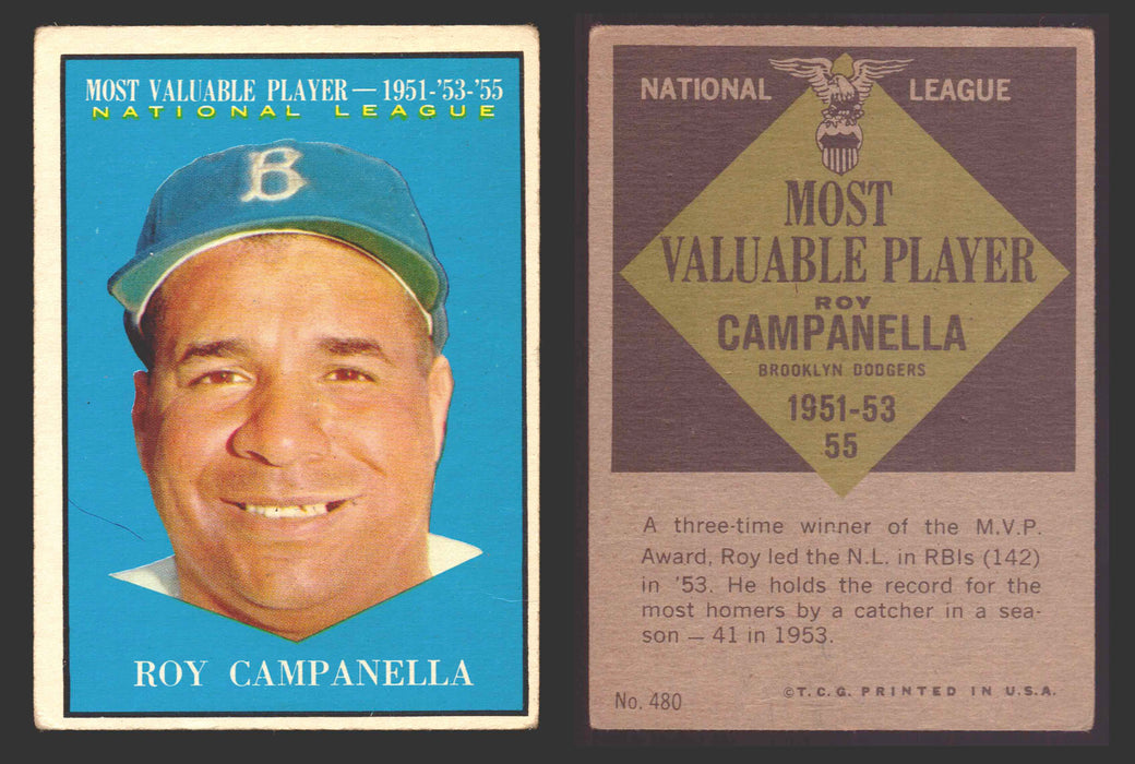 1961 Topps Baseball Trading Card You Pick Singles #400-#499 VG/EX #	480 Roy Campanella - Brooklyn Dodgers MVP  - TvMovieCards.com