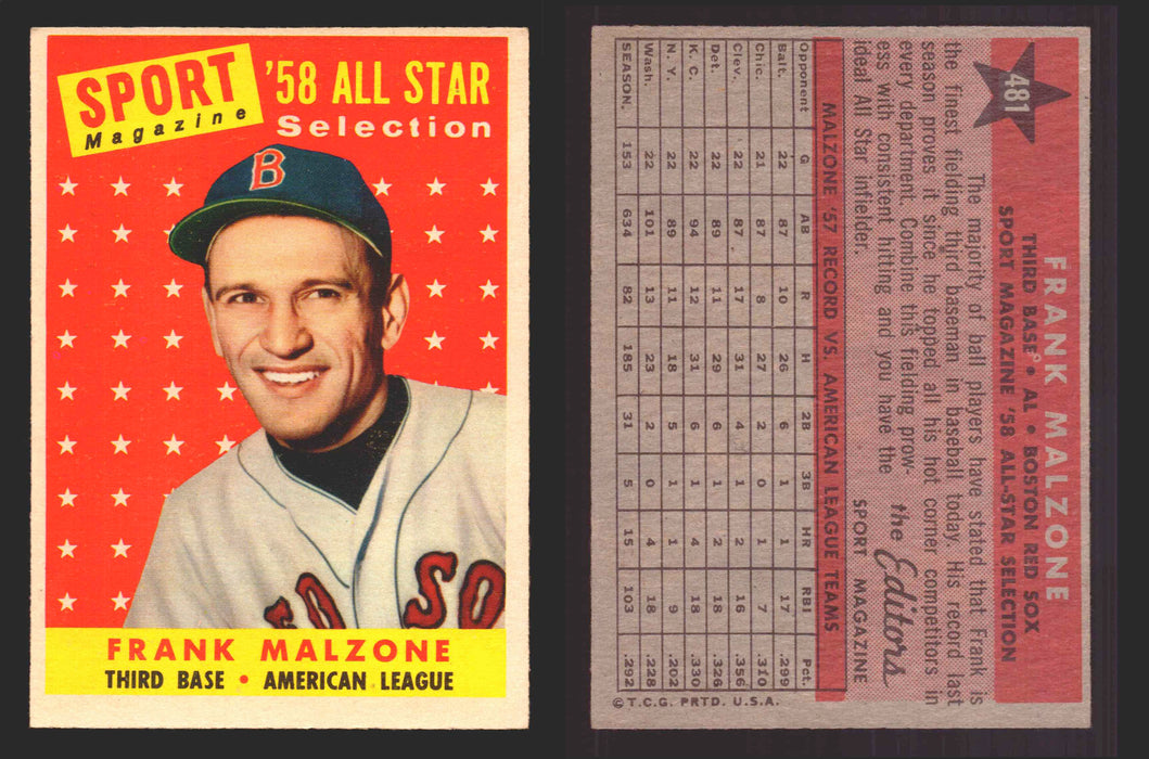 1958 Topps Baseball Trading Card You Pick Single Cards #1 - 495 EX/NM #	481	Frank Malzone  - TvMovieCards.com