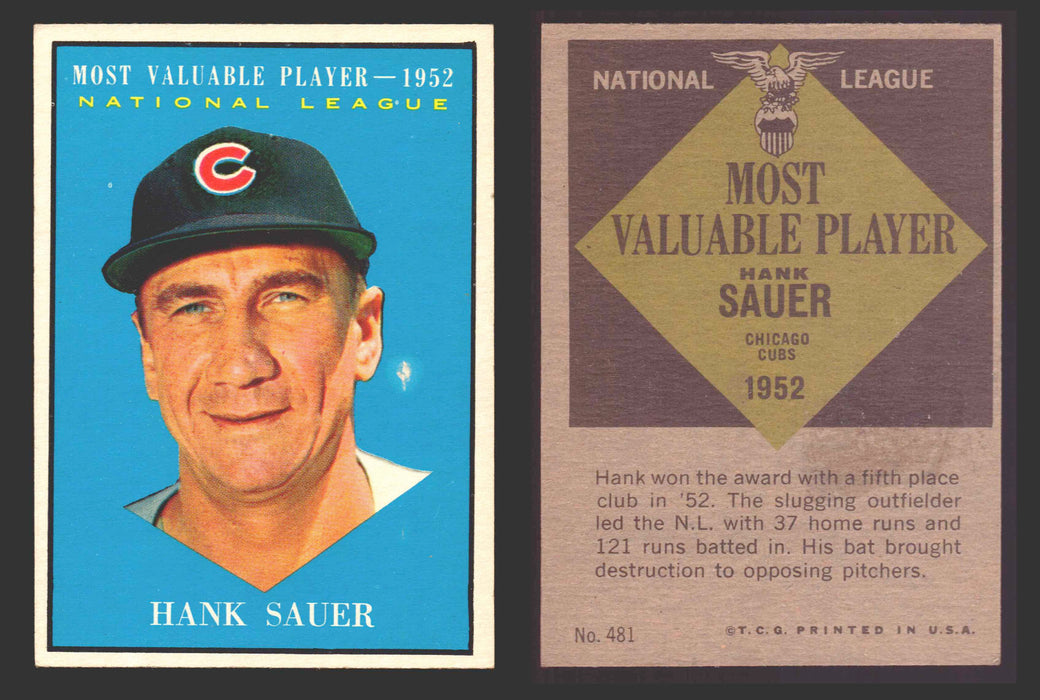1961 Topps Baseball Trading Card You Pick Singles #400-#499 VG/EX #	481 Hank Sauer - Chicago Cubs MVP  - TvMovieCards.com