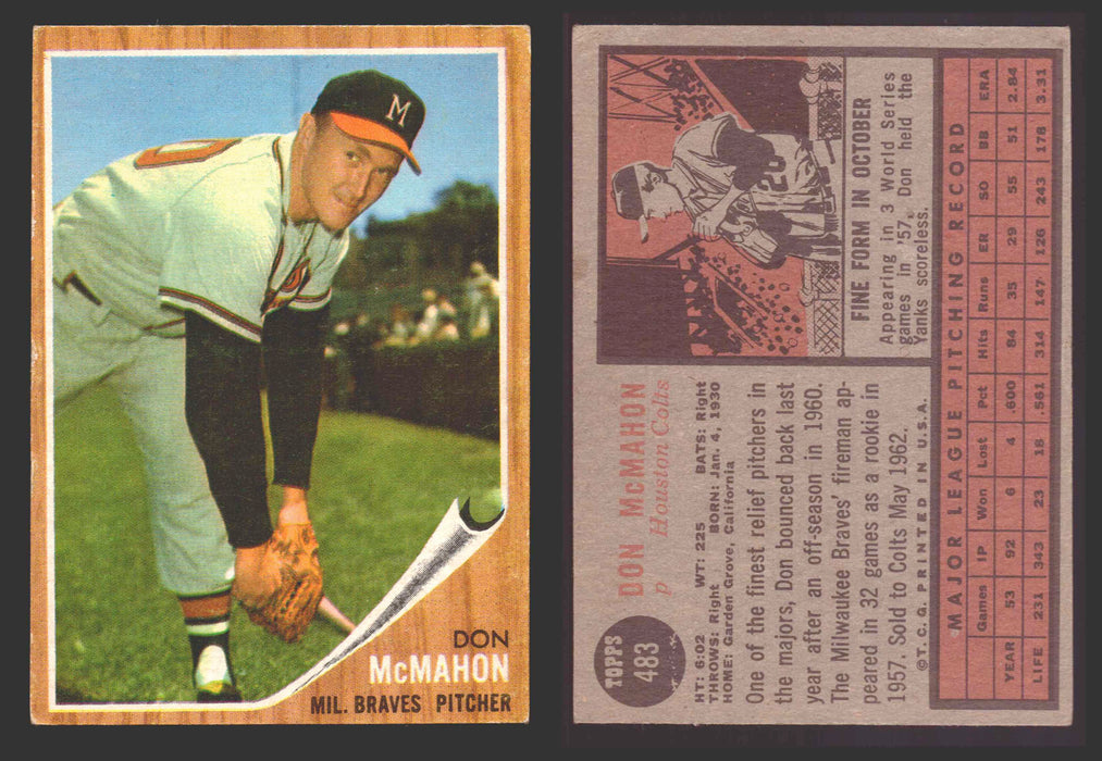 1962 Topps Baseball Trading Card You Pick Singles #400-#499 VG/EX #	483 Don McMahon - Milwaukee Braves  - TvMovieCards.com