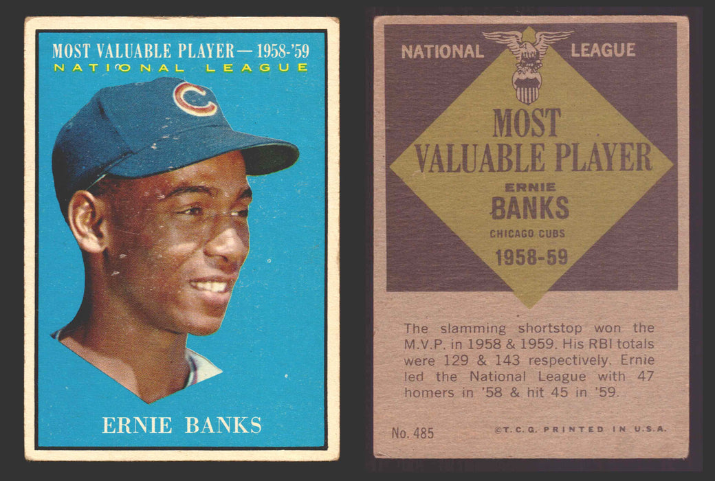 1961 Topps Baseball Trading Card You Pick Singles #400-#499 VG/EX #	485 Ernie Banks - Chicago Cubs MVP  - TvMovieCards.com