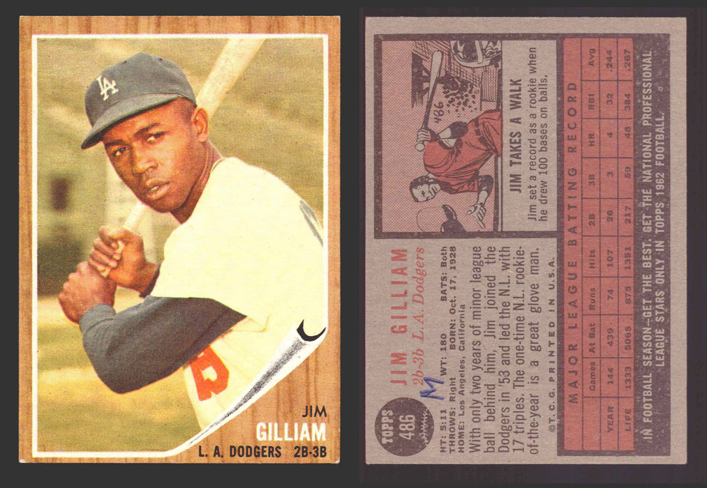 1962 Topps Baseball Trading Card You Pick Singles #400-#499 VG/EX #	486 Jim Gilliam - Los Angeles Dodgers (marked)  - TvMovieCards.com