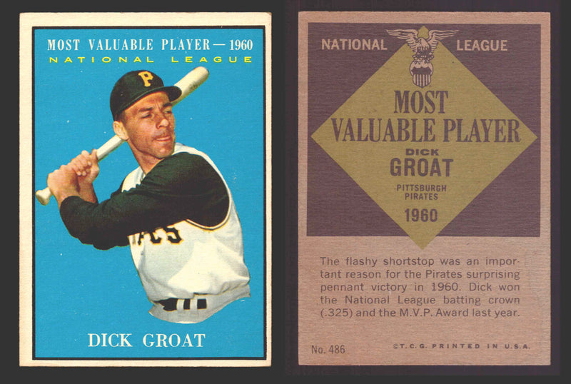1961 Topps Baseball Trading Card You Pick Singles #400-#499 VG/EX #	486 Dick Groat - Pittsburgh Pirates MVP (stained)  - TvMovieCards.com
