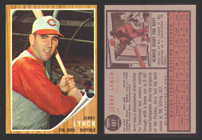 1962 Topps Baseball Trading Card You Pick Singles #400-#499 VG/EX #	487 Jerry Lynch - Cincinnati Reds  - TvMovieCards.com