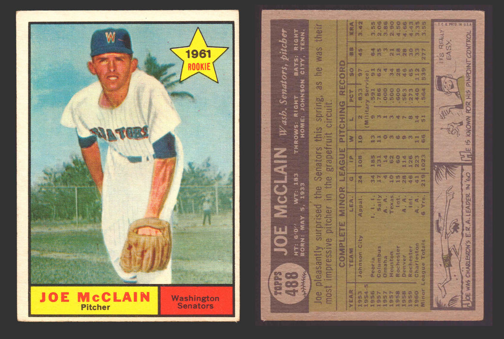 1961 Topps Baseball Trading Card You Pick Singles #400-#499 VG/EX #	488 Joe McClain - Washington Senators RC  - TvMovieCards.com